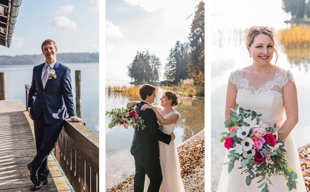 Hochzeitsportraits am Starnberger See im LaVilla am Steg, Weddingshoot mit Sonne im Herbst, Jung und Wild design, Starnberger See
