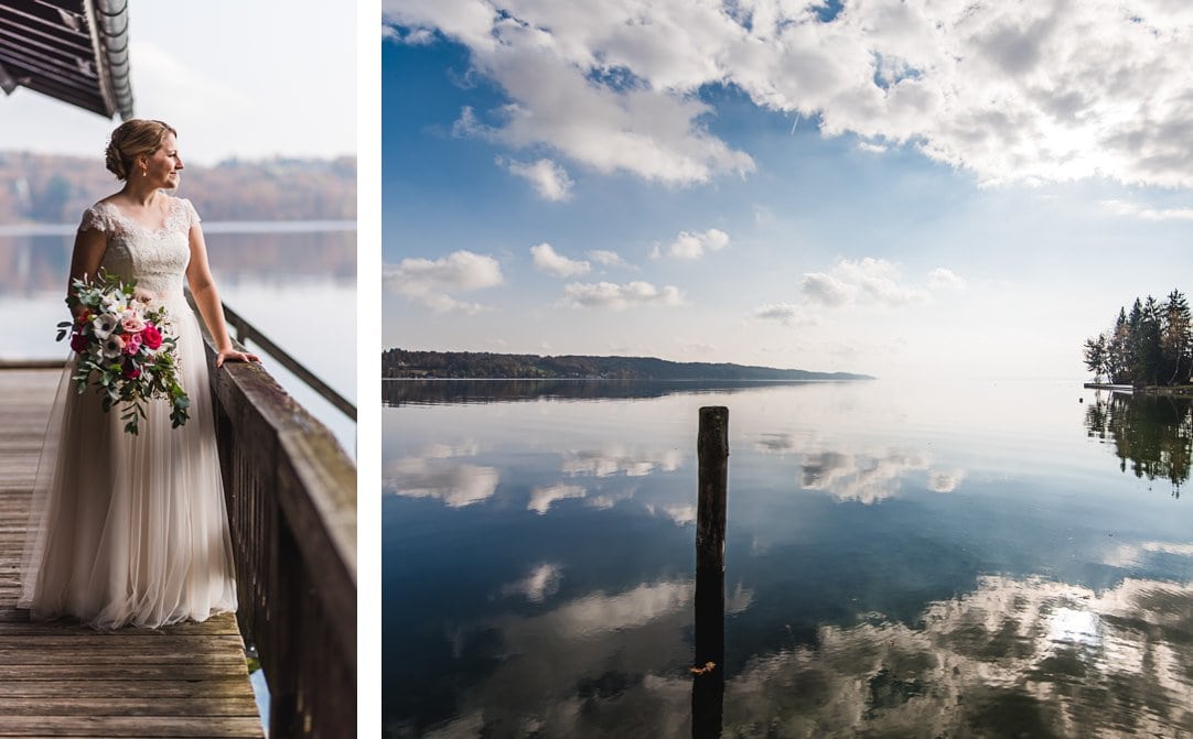 Hochzeitsportraits am Starnberger See im LaVilla am Steg, Weddingshoot mit Sonne im Herbst, Jung und Wild design, Starnberger See