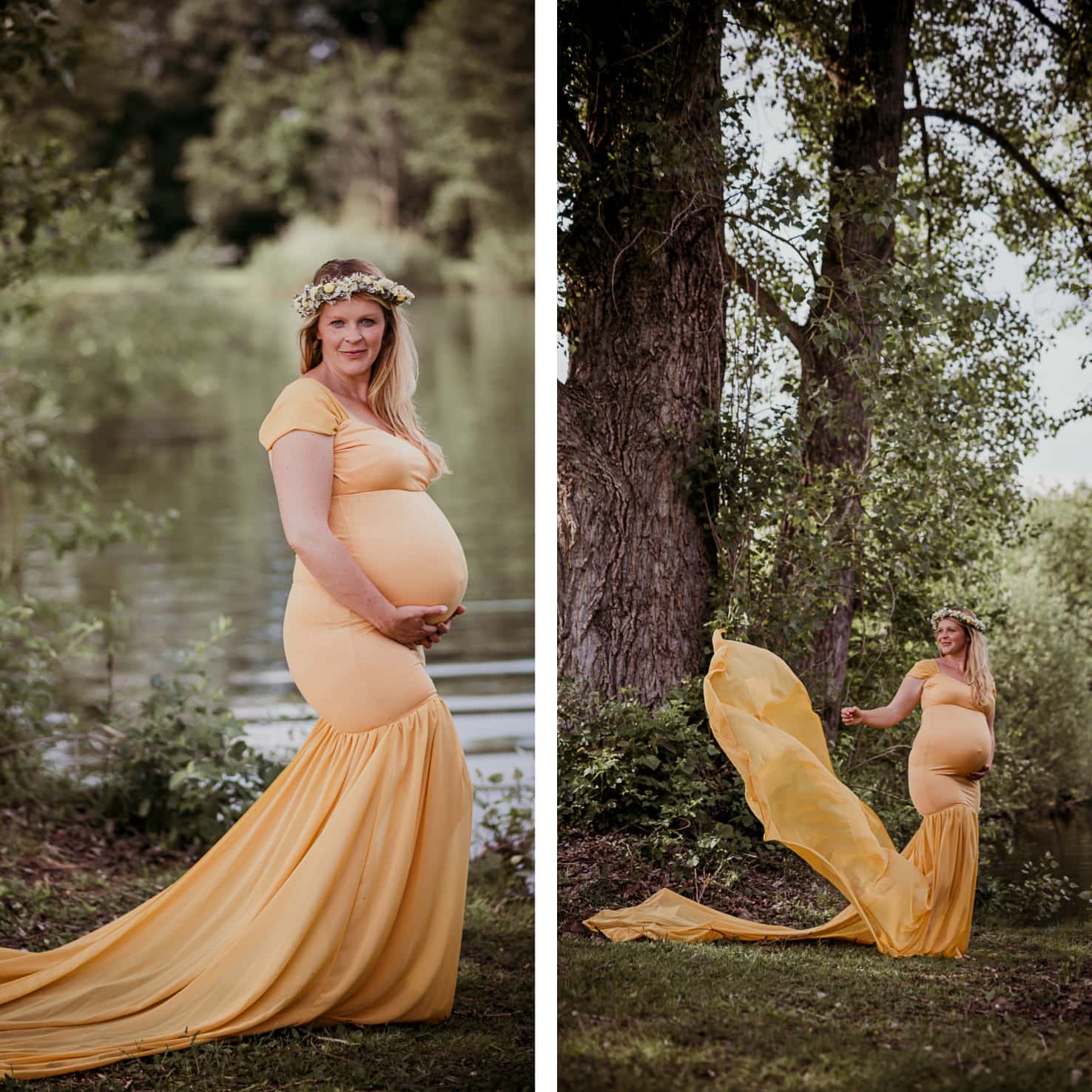 Schwangerschaftsoutfits für dein Babybauchshooting - Langes Kleid mit Schleppe in Gelb - Mica Zeitz Fotografie, München, Pfaffenhofen, Regensburg, Ingolstadt