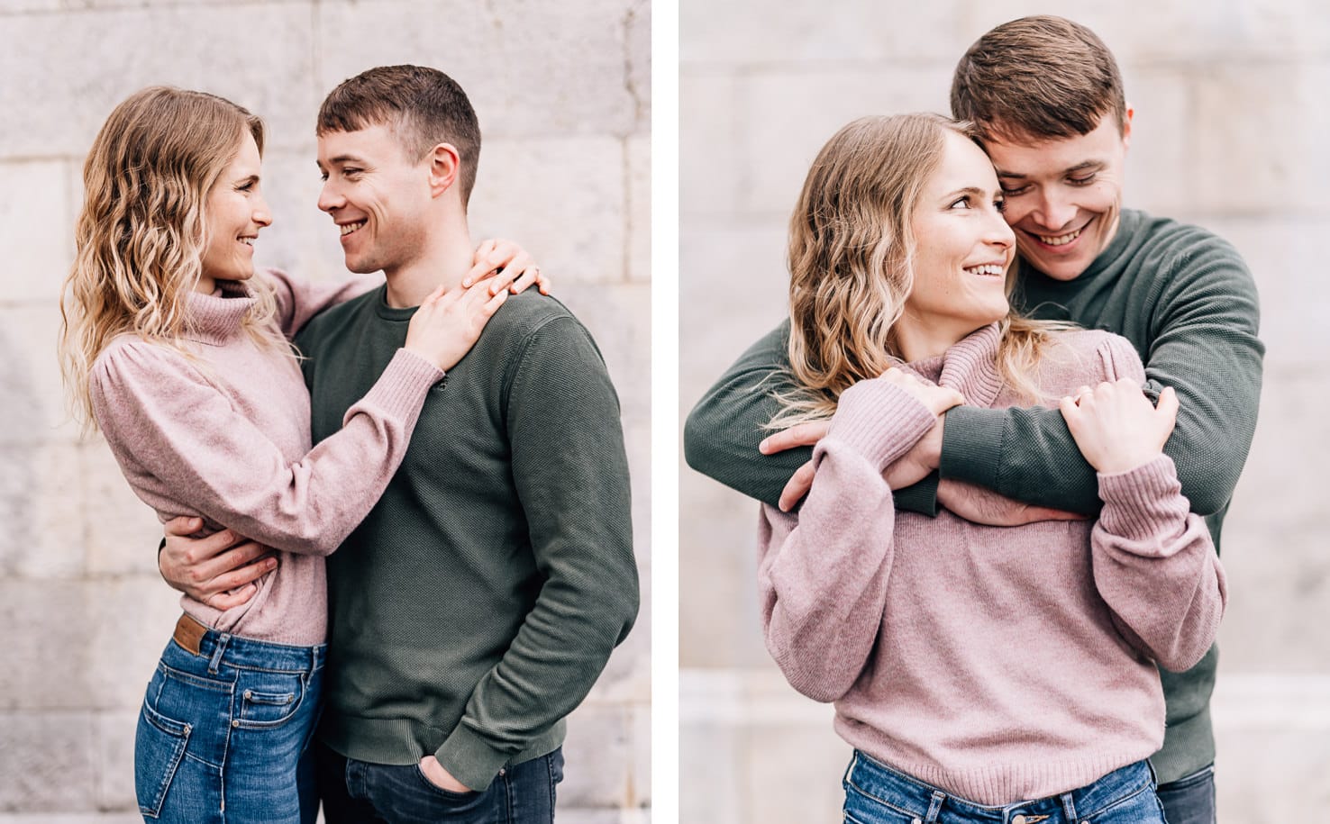 Natürliche Pärchenfotos im Winter am Friedensengel von Fotografenmeisterin Mica Zeitz, Engagementshooting