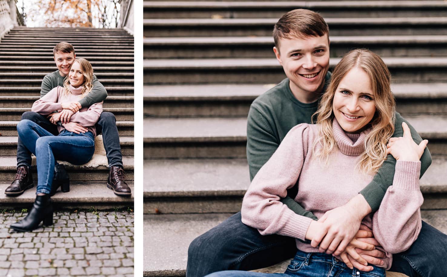 Natürliche Pärchenfotos im Winter am Friedensengel von Fotografenmeisterin Mica Zeitz, Engagementshooting