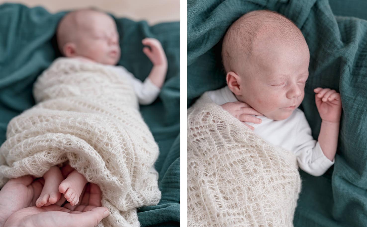 Ein schlafendes Baby, eingehüllt in eine Decke, auf zwei verschiedenen Fotos abgebildet.