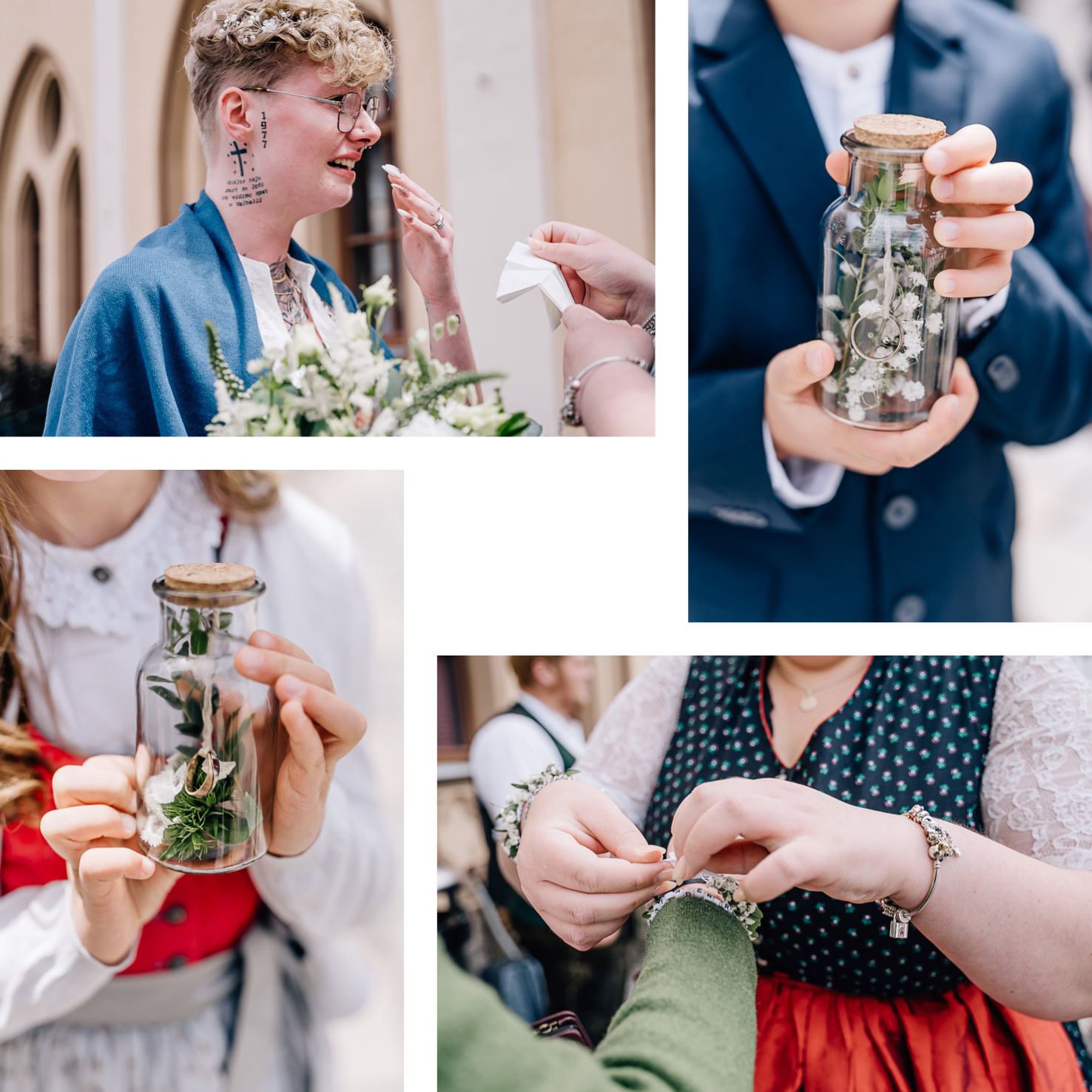 Dieses Bild zeigt verschiedene Szenen von Personen, die sich auf einem festlichen Ereignis befinden, wobei Details wie ein Blumenglas und das Anlegen von Blumenschmuck zu sehen sind.