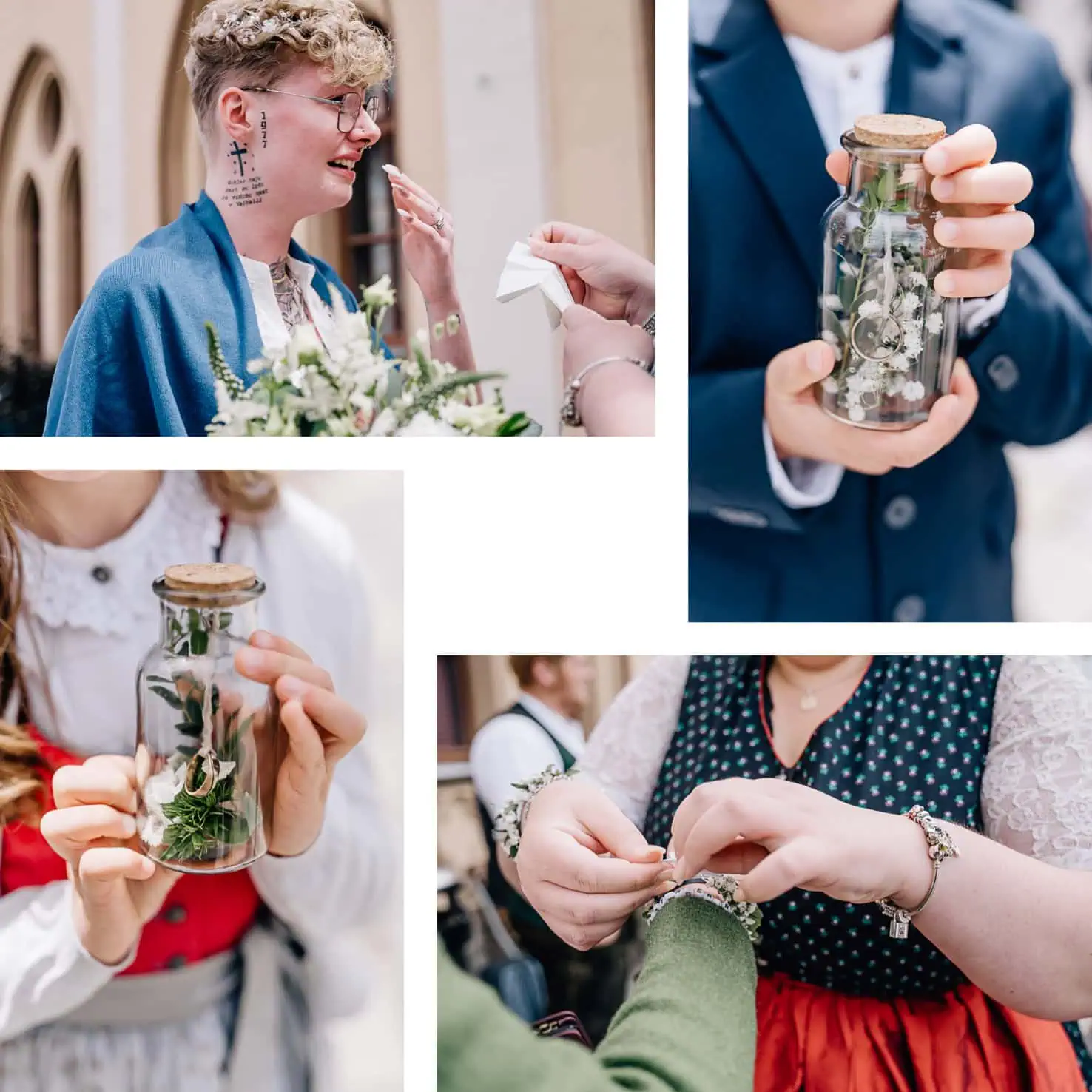 Dieses Bild zeigt verschiedene Szenen von Personen, die sich auf einem festlichen Ereignis befinden, wobei Details wie ein Blumenglas und das Anlegen von Blumenschmuck zu sehen sind.