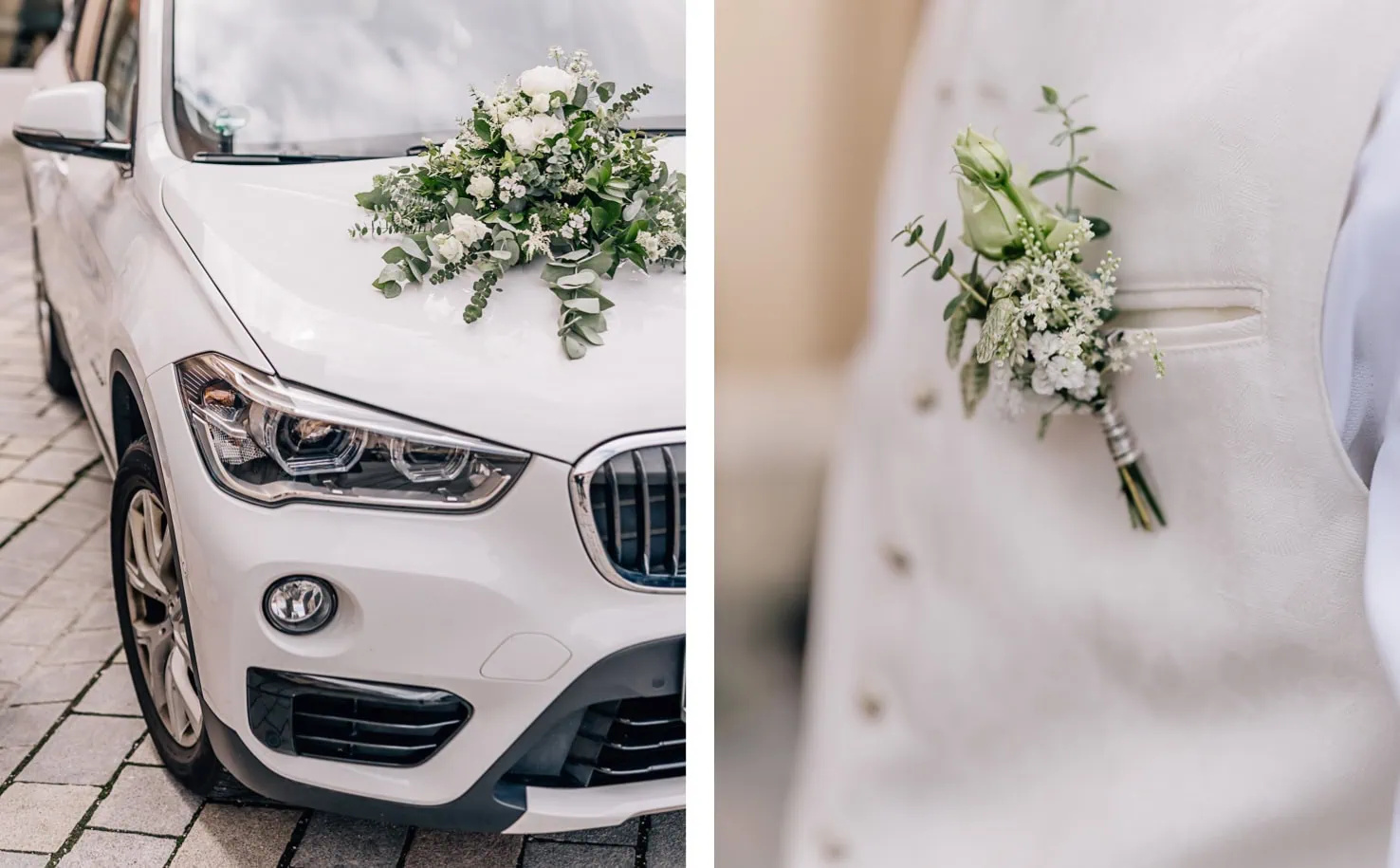 Das Bild zeigt Blumenschmuck an einem Auto und einen Blumenanstecker an einem Anzug, was typisch für eine Hochzeit ist.