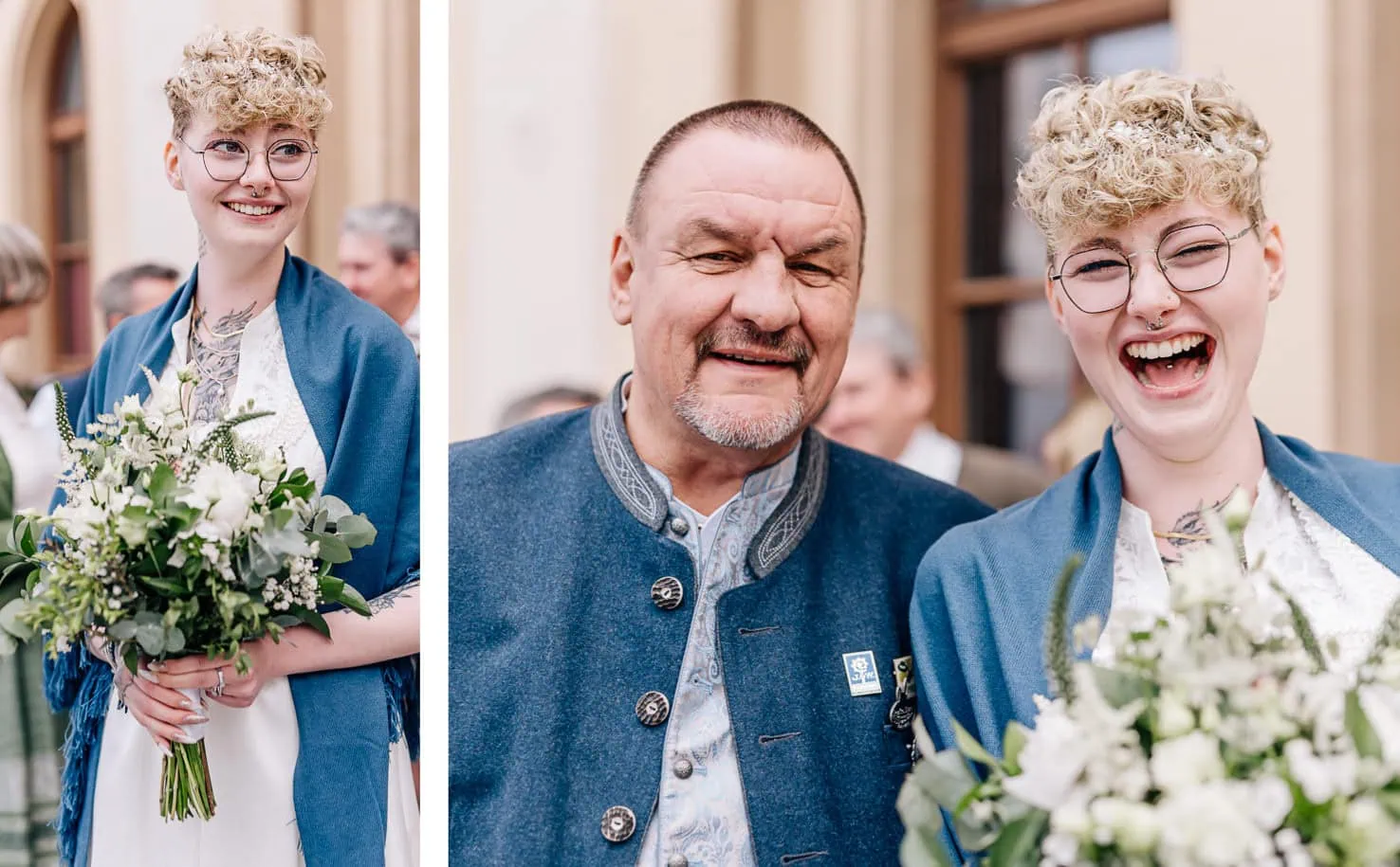 Das Bild zeigt eine Serie von drei Fotos, auf denen eine Person mit einem Blumenstrauß und einer blauen Stola zuerst lächelt und dann herzhaft lacht, sowie einen älteren Mann, der freundlich in die Kamera blickt.