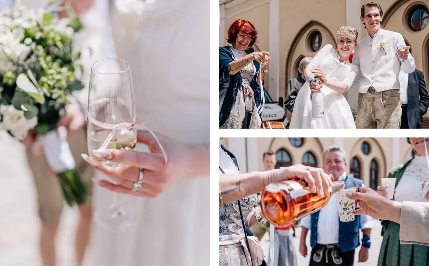 Das Bild zeigt Szenen einer Hochzeitsfeier mit Gästen, die anstoßen und Sekt einschenken.