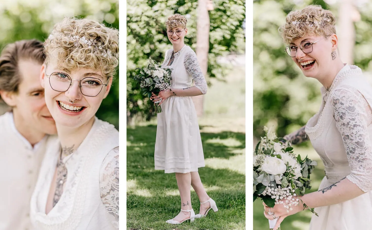 Das Bild zeigt eine lächelnde Person mit Brille und Blumenstrauß in Hochzeitskleidung in verschiedenen Posen, wahrscheinlich an ihrem Hochzeitstag.