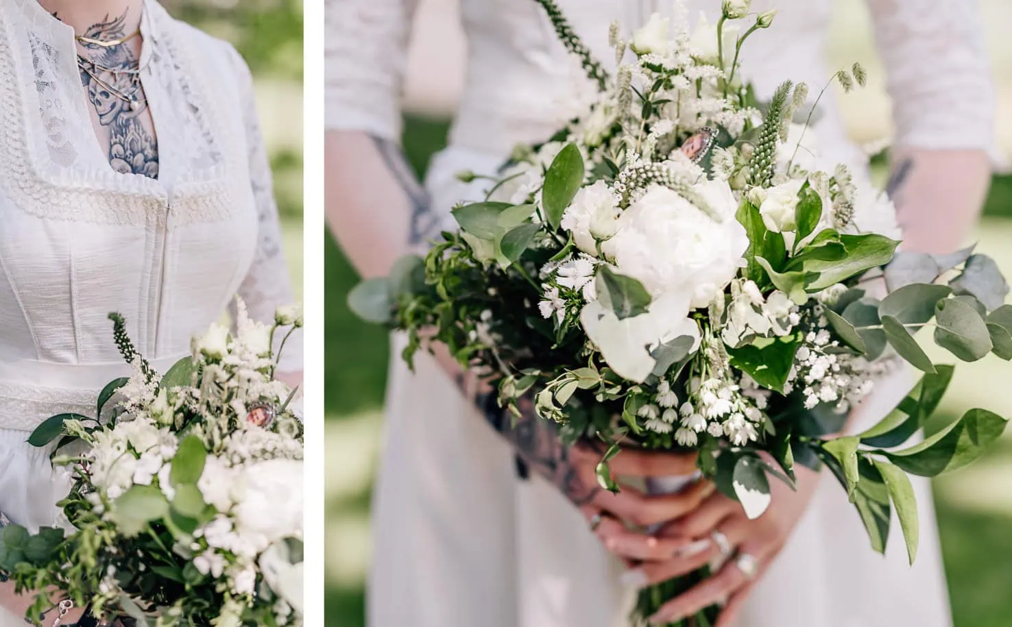 Das Bild zeigt eine Braut in weißem Hochzeitskleid, die einen Brautstrauß hält, mit Fokus auf den Strauß und der Tätowierung am Hals der Braut.