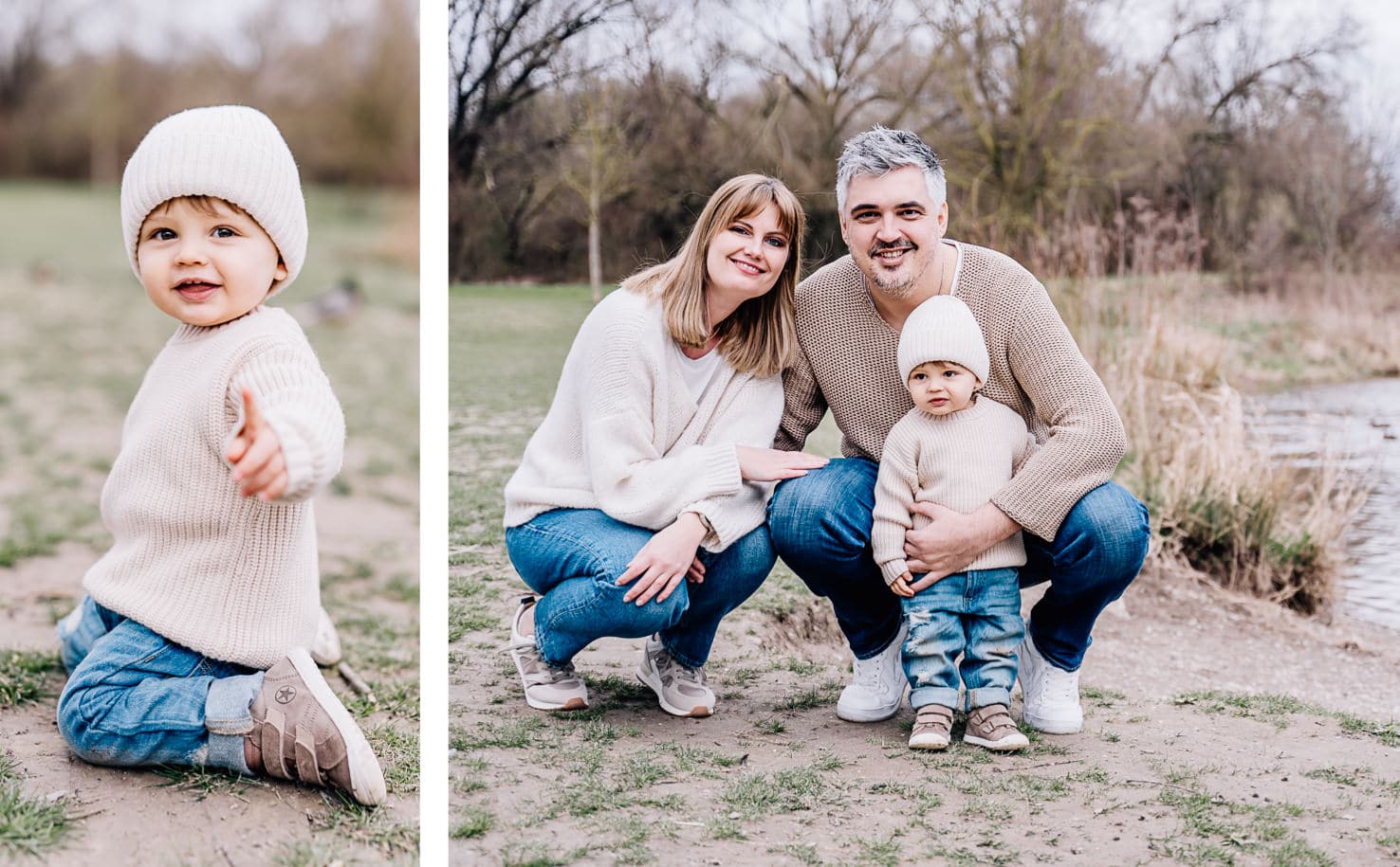 Das Bild zeigt ein Kleinkind, das winkt und ein Porträt einer Familie, die zusammen im Freien sitzt.