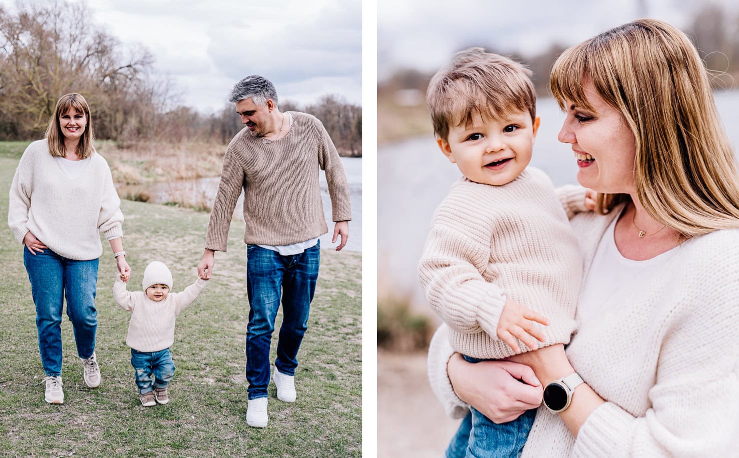 Das Bild zeigt zwei Szenen einer Familie mit einem Kleinkind, einmal beim Spaziergang und einmal, wo das Kind von einer Frau gehalten wird.