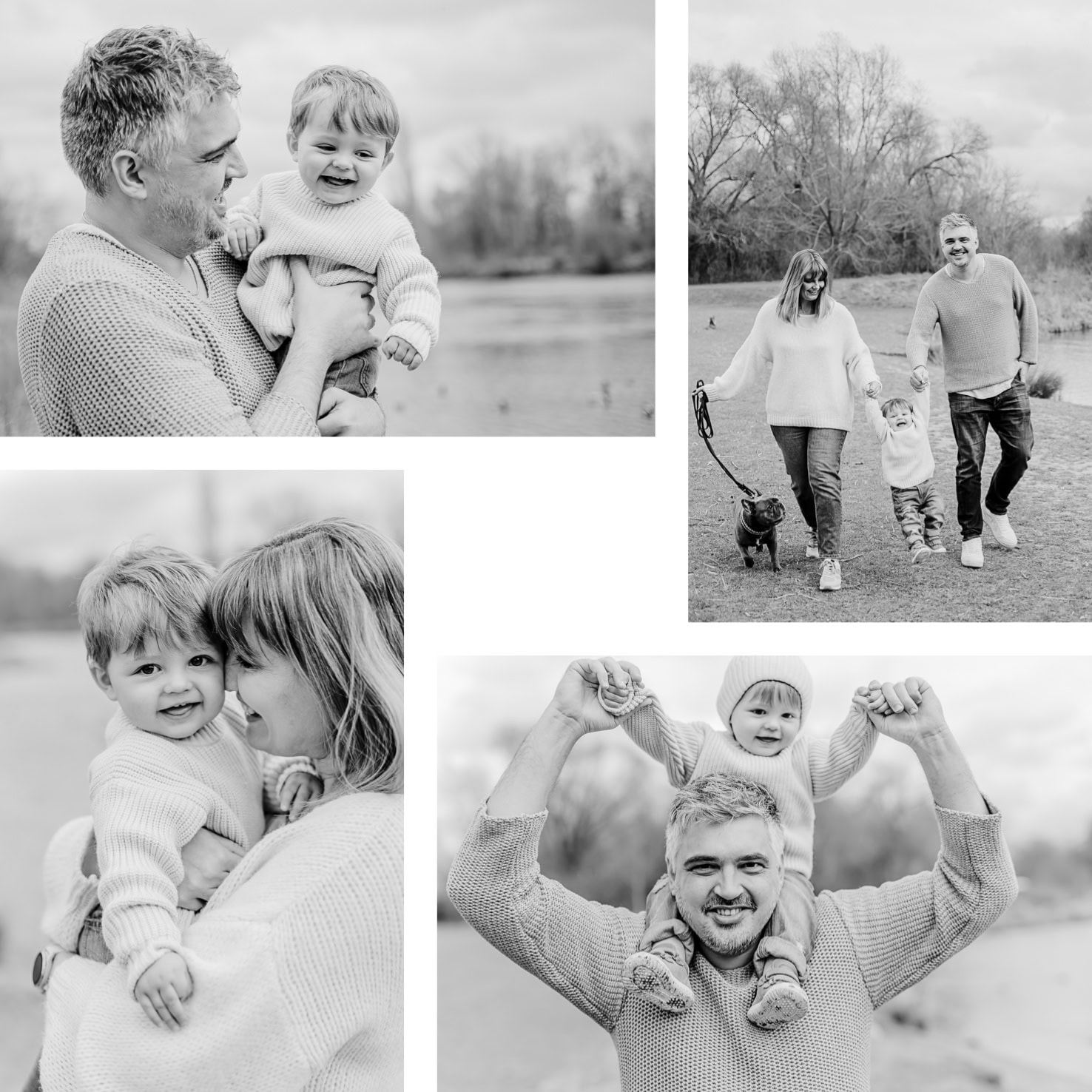 Das Bild zeigt eine Collage von Schwarz-Weiß-Fotos einer glücklichen Familie, die draußen Zeit miteinander verbringt.