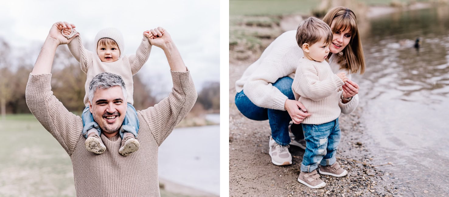 Das Bild zeigt glückliche Momente einer Familie, auf der linken Seite trägt ein Mann ein Kind auf seinen Schultern, und auf der rechten Seite beobachten eine Frau und ein Kind etwas am Ufer eines Gewässers.