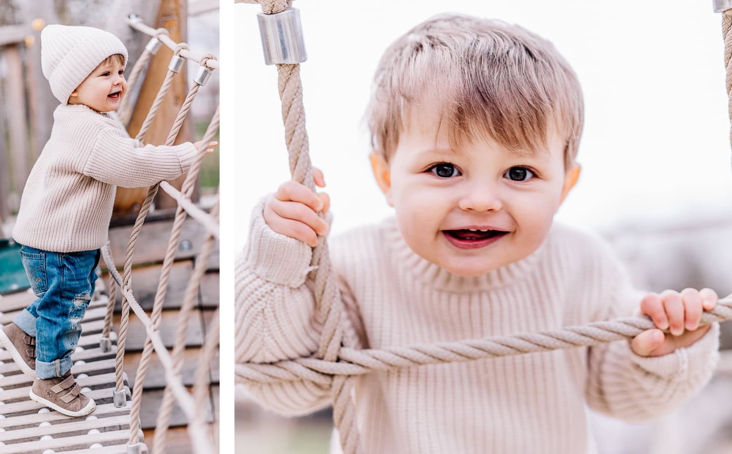 Das Bild zeigt zwei Porträtaufnahmen eines lächelnden Kleinkinds in Winterkleidung, das einmal an einem Seil auf einem Spielplatz klettert und einmal direkt in die Kamera blickt.
