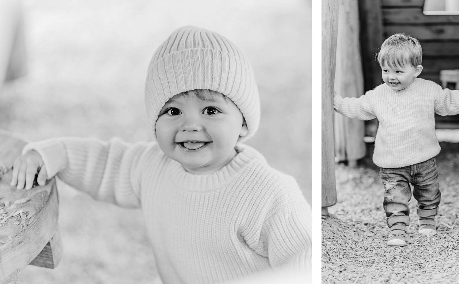 Das Bild zeigt zwei Schwarz-Weiß-Fotos eines kleinen Kindes, das auf dem einen Foto lacht und auf dem anderen beim Gehen abgebildet ist.