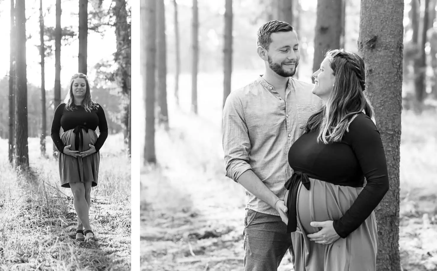 Das Bild zeigt eine Schwangere und einen Mann in einem Wald, vermutlich bei einem Schwangerschafts-Fotoshooting.