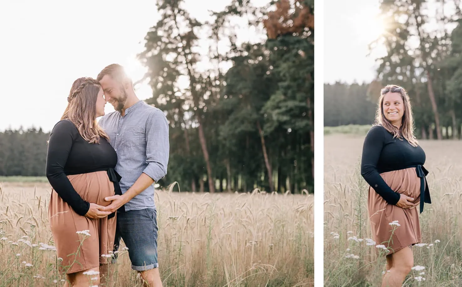 Das Bild zeigt zwei Fotos einer schwangeren Frau, einmal allein und einmal mit einem Partner, die in einem Feld stehen.