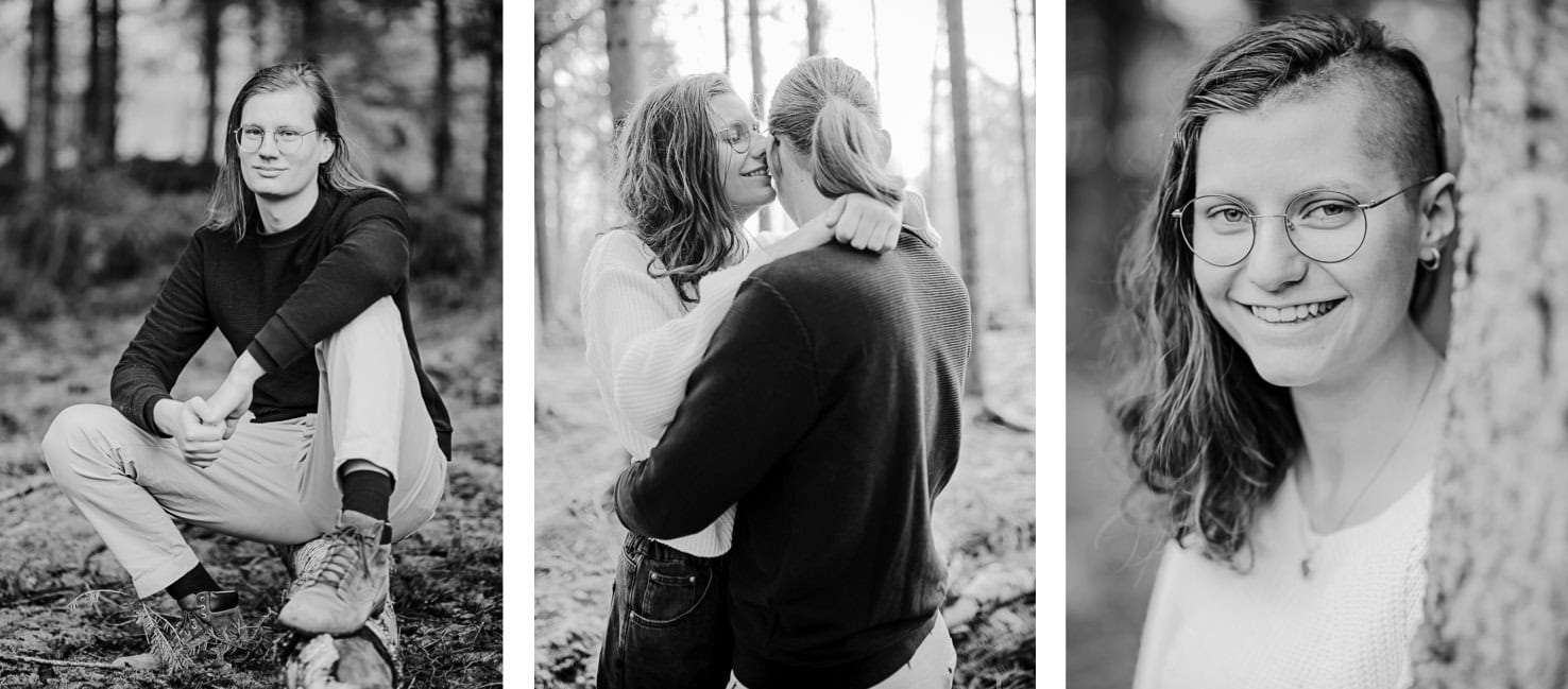 Das Bild zeigt drei Schwarz-Weiß-Fotografien von Menschen, die in einem Wald zu sein scheinen.