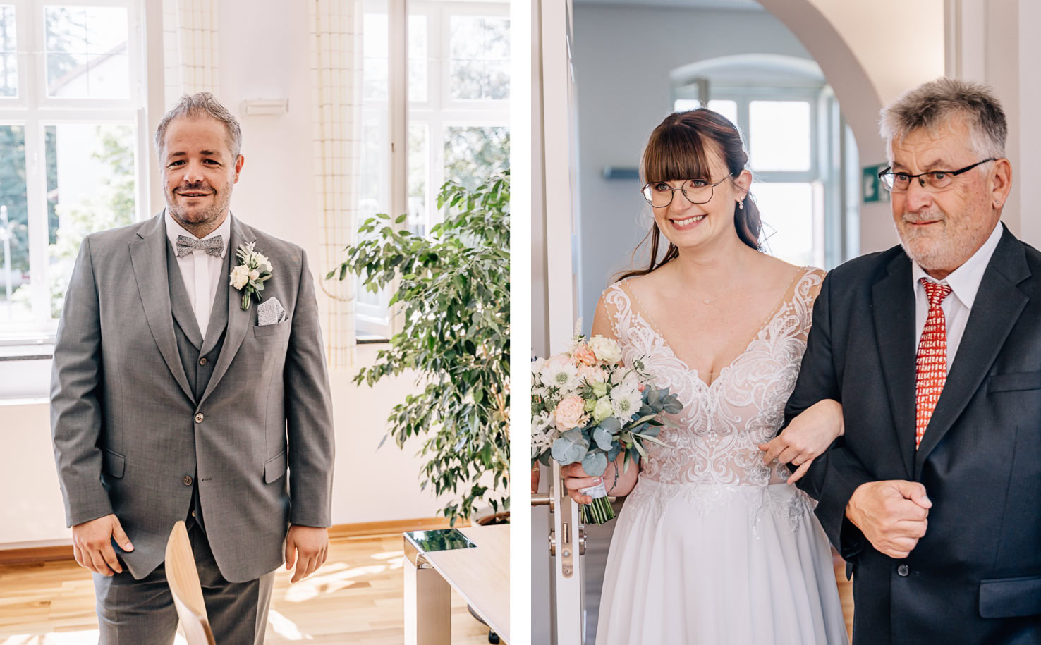Das Bild zeigt einen Bräutigam auf der linken Seite und auf der rechten Seite eine Braut, die von einem älteren Herrn begleitet wird.