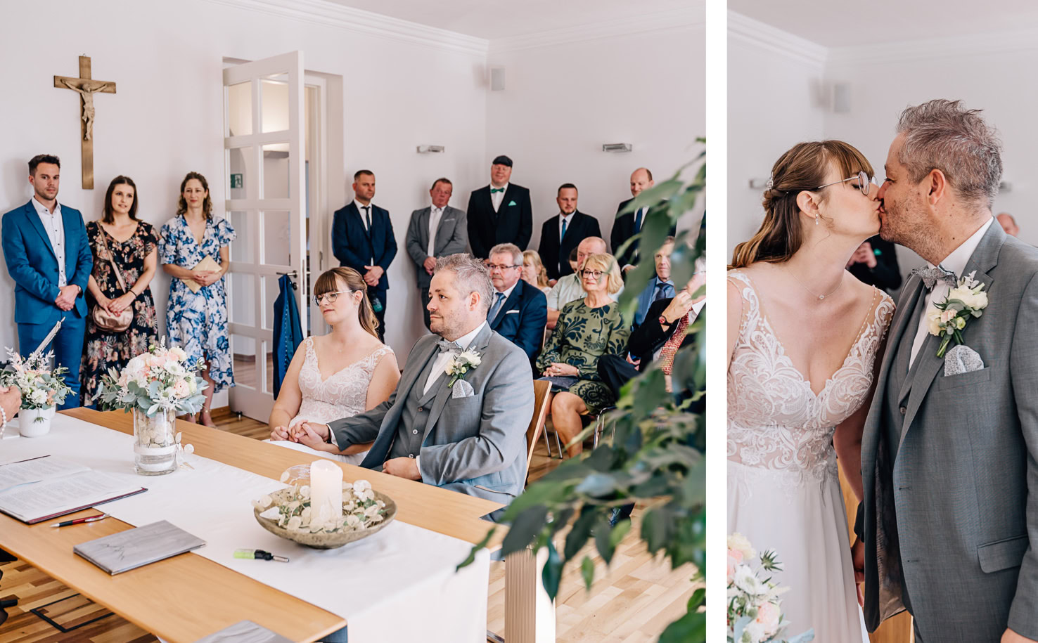 Das Bild zeigt eine Hochzeitszeremonie in einem Raum und ein Brautpaar, das sich küsst.