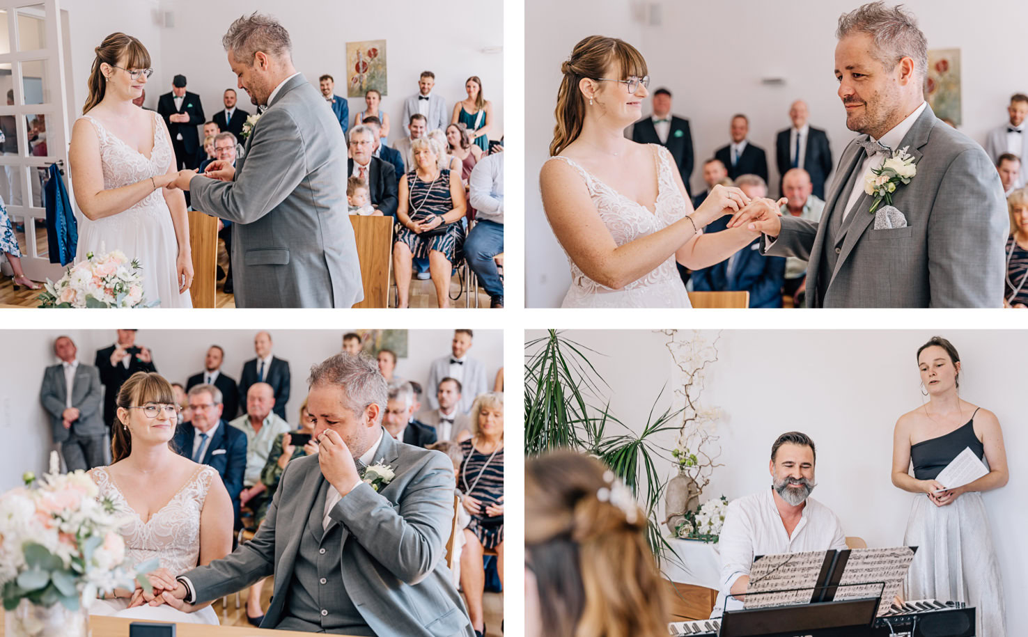 Das Bild zeigt eine Hochzeitszeremonie mit einem Brautpaar und Gästen.