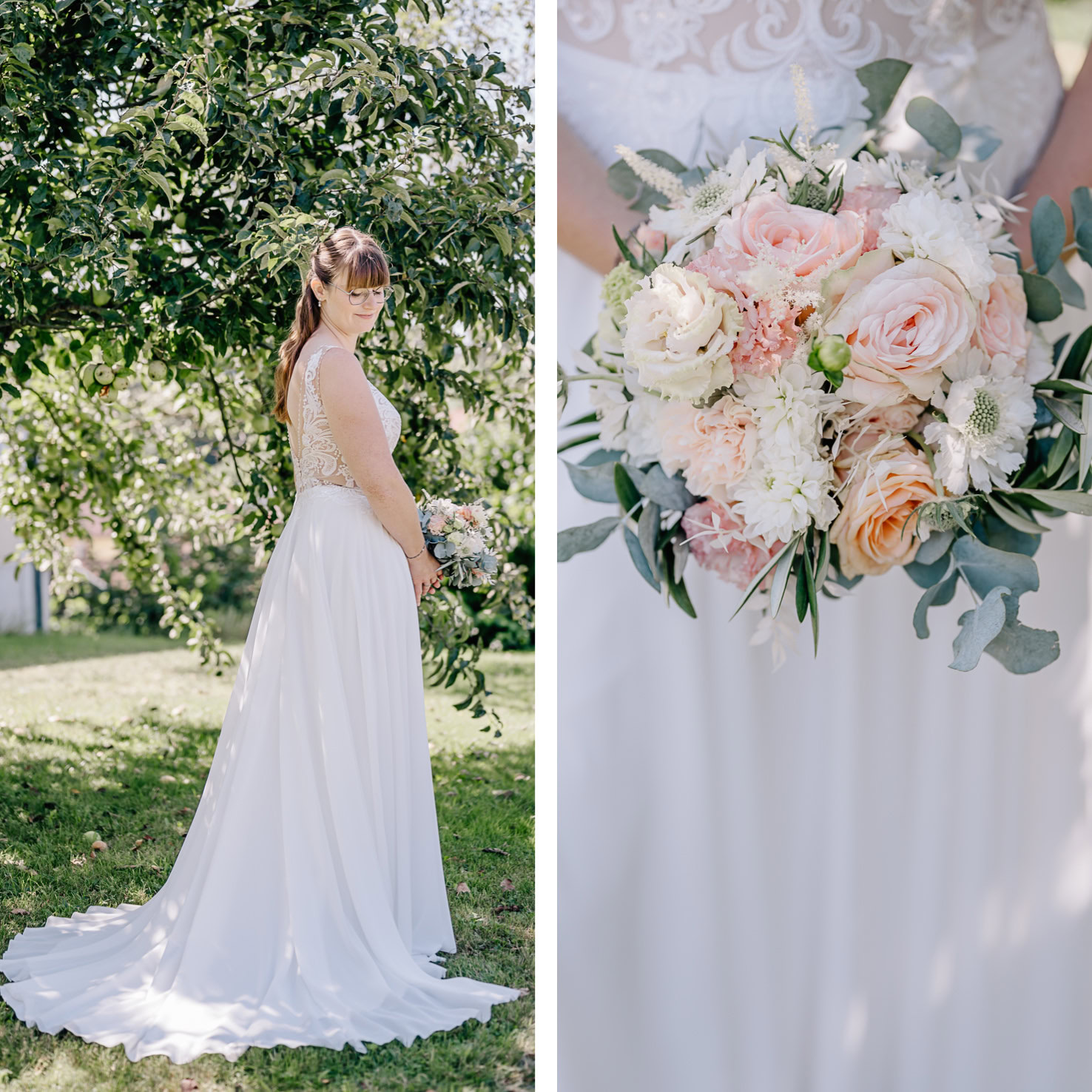 Das Bild zeigt eine Braut in einem Hochzeitskleid mit einem Blumenstrauß.