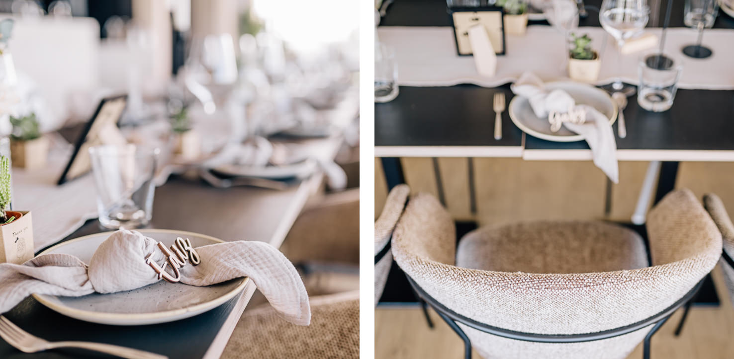 Das Bild zeigt eine elegant gedeckte Tafel und einen stilvollen Essplatz.