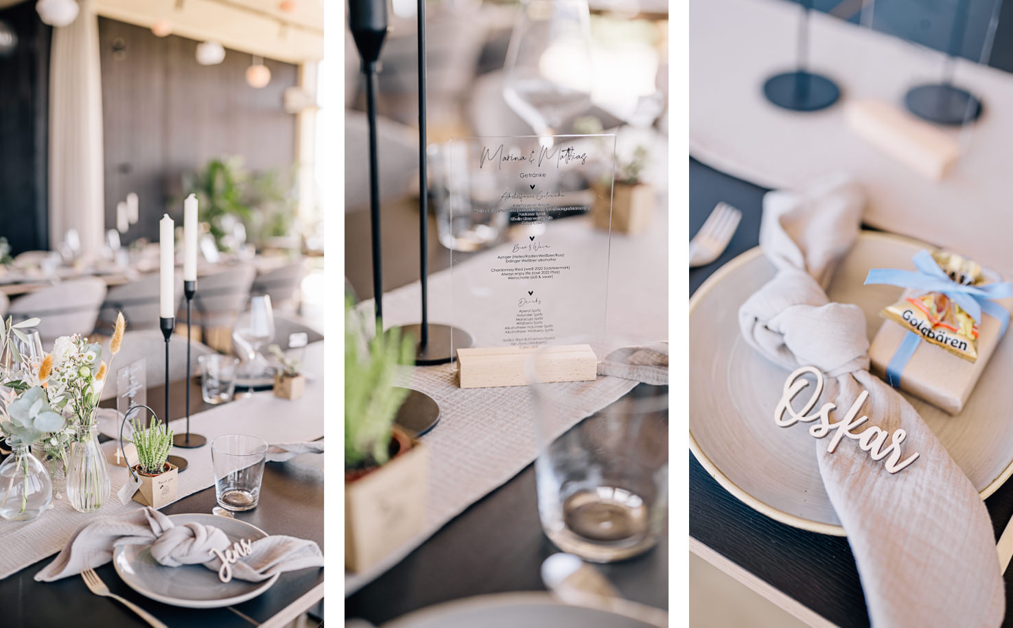 Das Bild zeigt ein elegant gedecktes Tischarrangement, vermutlich für eine Festlichkeit, mit Blumendekorationen und Namensschildern.