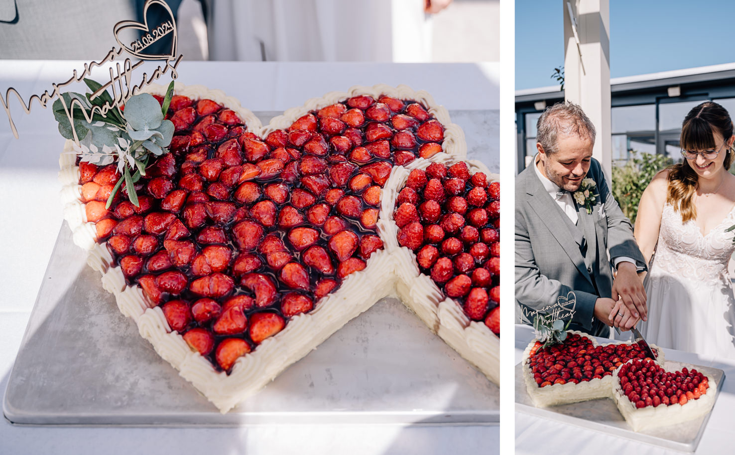 Das Bild zeigt eine herzförmige Torte mit Erdbeeren und ein Brautpaar, das gemeinsam die Torte anschneidet.