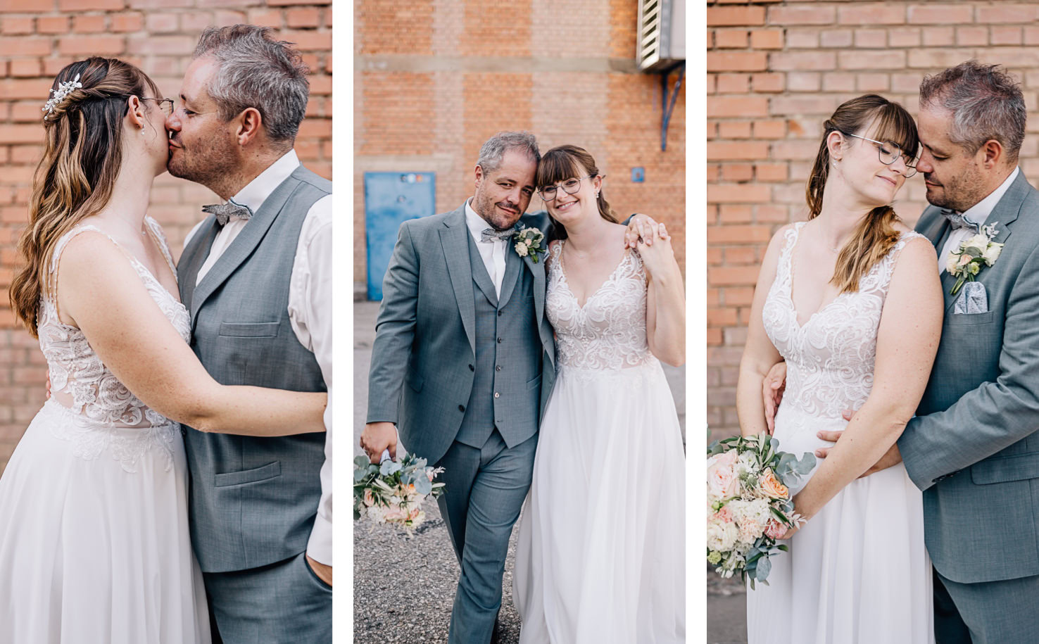 Es sind drei Fotos eines Brautpaares, die Zuneigung und gemeinsame Momente an ihrem Hochzeitstag zeigen.