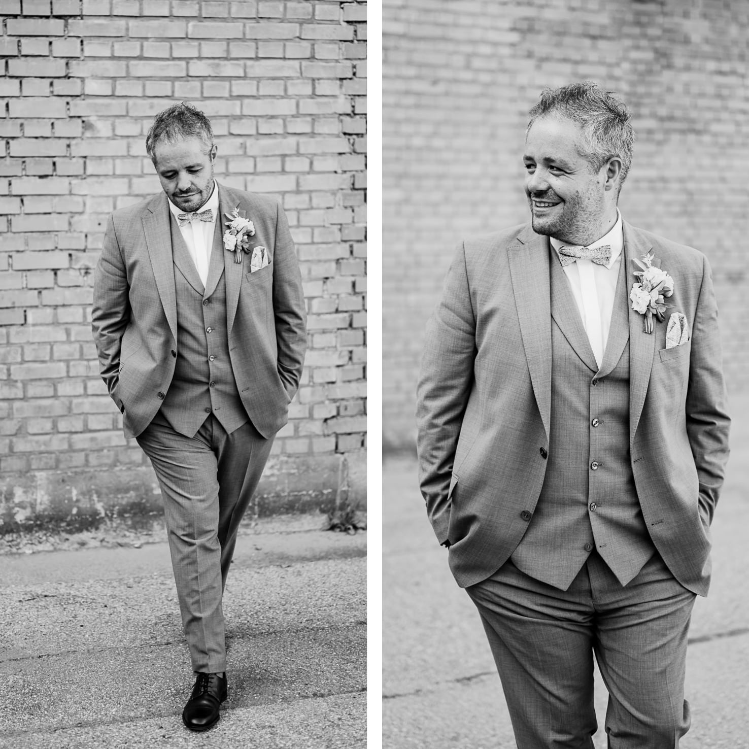 Das Bild zeigt einen gut gekleideten Mann in einem Anzug, der gegen eine Ziegelwand lehnt, einmal in Farbe und einmal in Schwarz-Weiß.