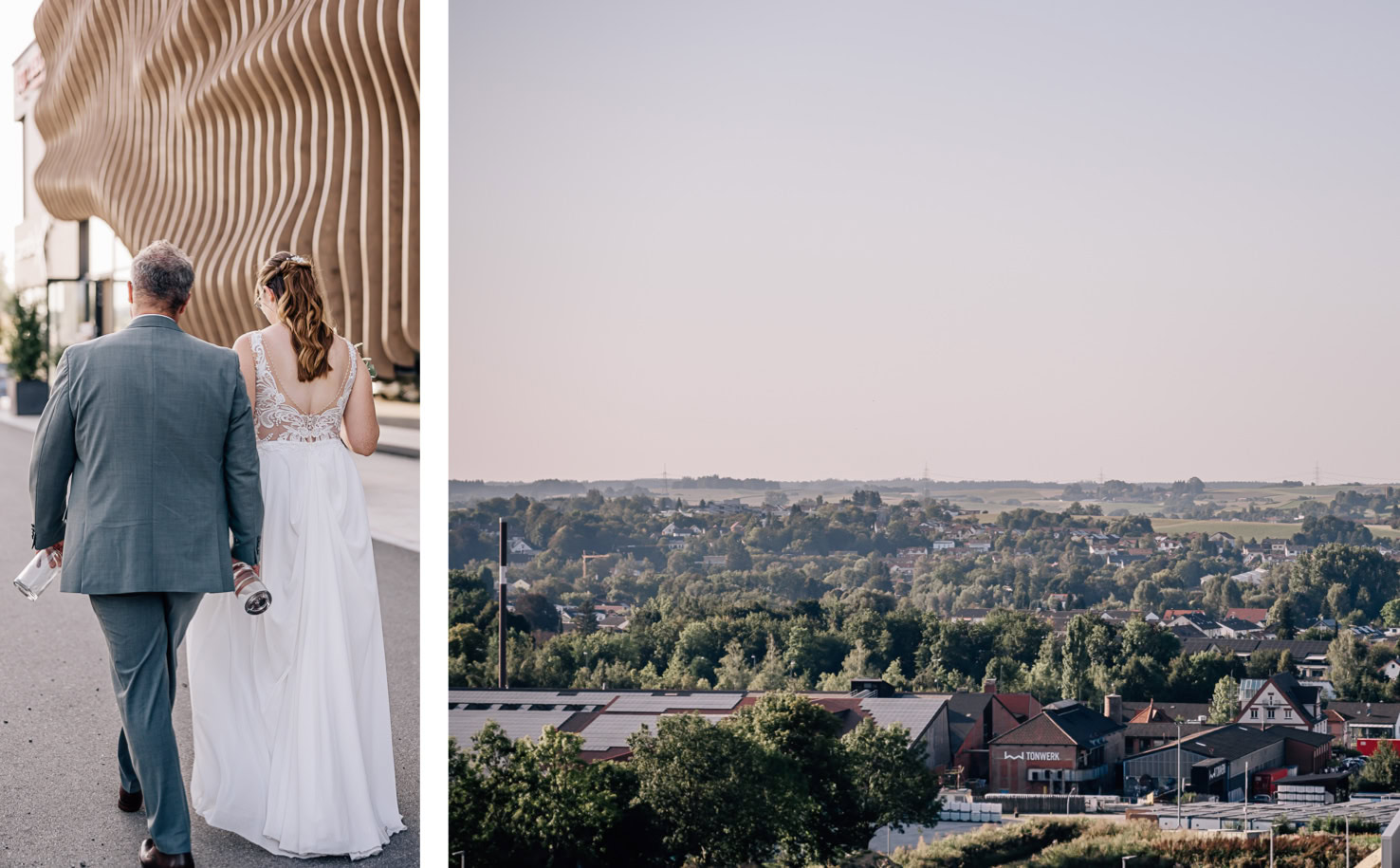Das Bild zeigt ein Paar in festlicher Kleidung, das Hand in Hand geht, und eine Ansicht einer ländlichen Siedlung.