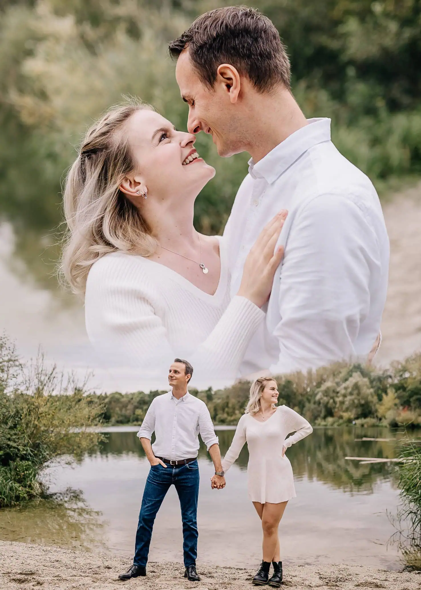 Auf dem Bild ist ein Pärchen zu sehen, das in einer liebevollen Pose am Wasser steht und sich anlächelt.