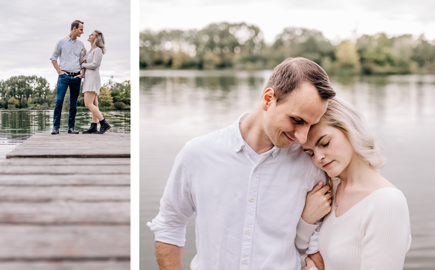 Das Bild zeigt ein Pärchen, das liebevolle und romantische Momente an einem Steg am Wasser teilt.