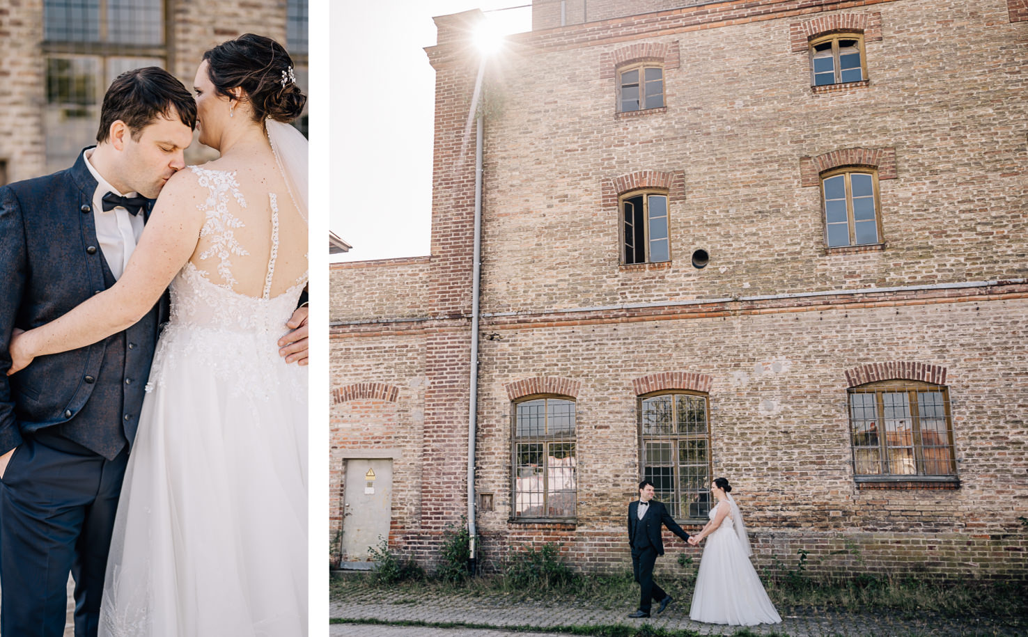 Auf dem Bild ist ein Hochzeitspaar vor einem alten Gebäude zu sehen.