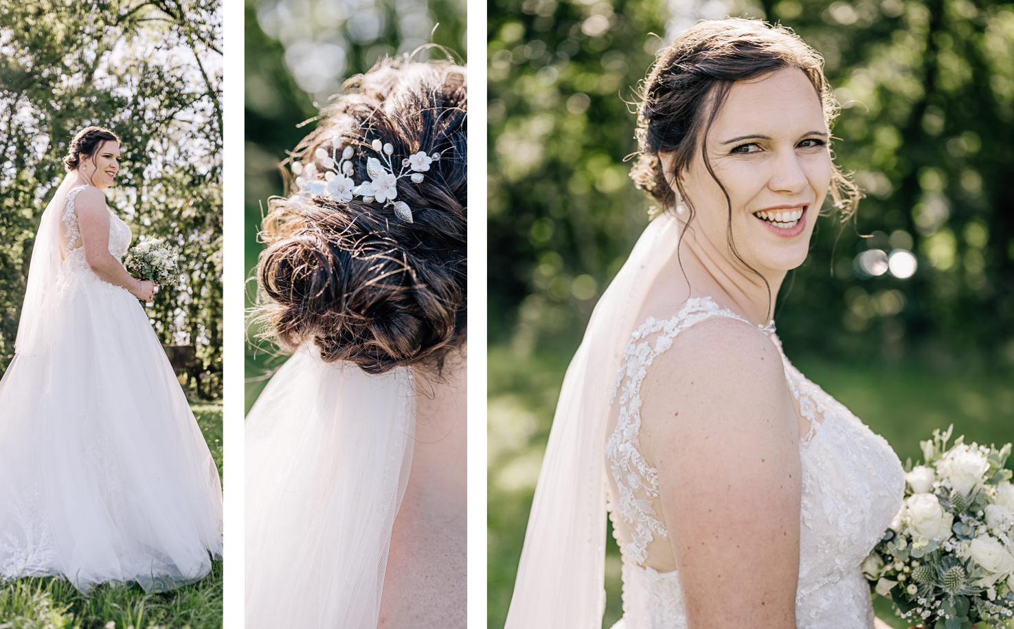 Das Bild zeigt eine glückliche Braut in Hochzeitskleidung mit einem Blumenstrauß in einer natürlichen Umgebung.