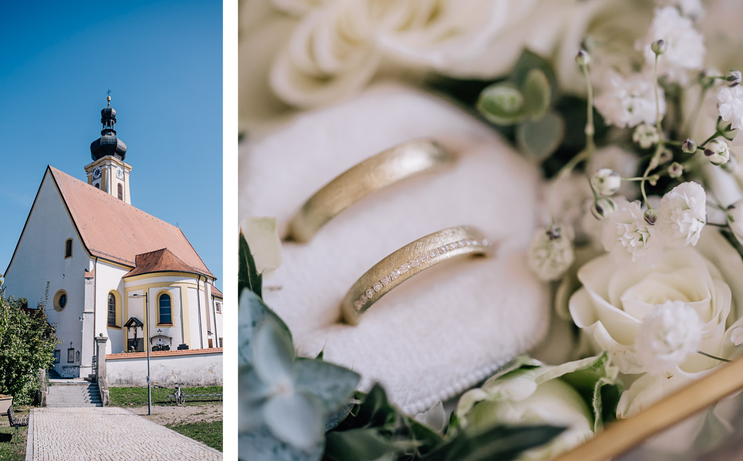 Das ist eine Collage mit zwei Bildern, eins zeigt eine Kirche und das andere Eheringe neben Blumen.