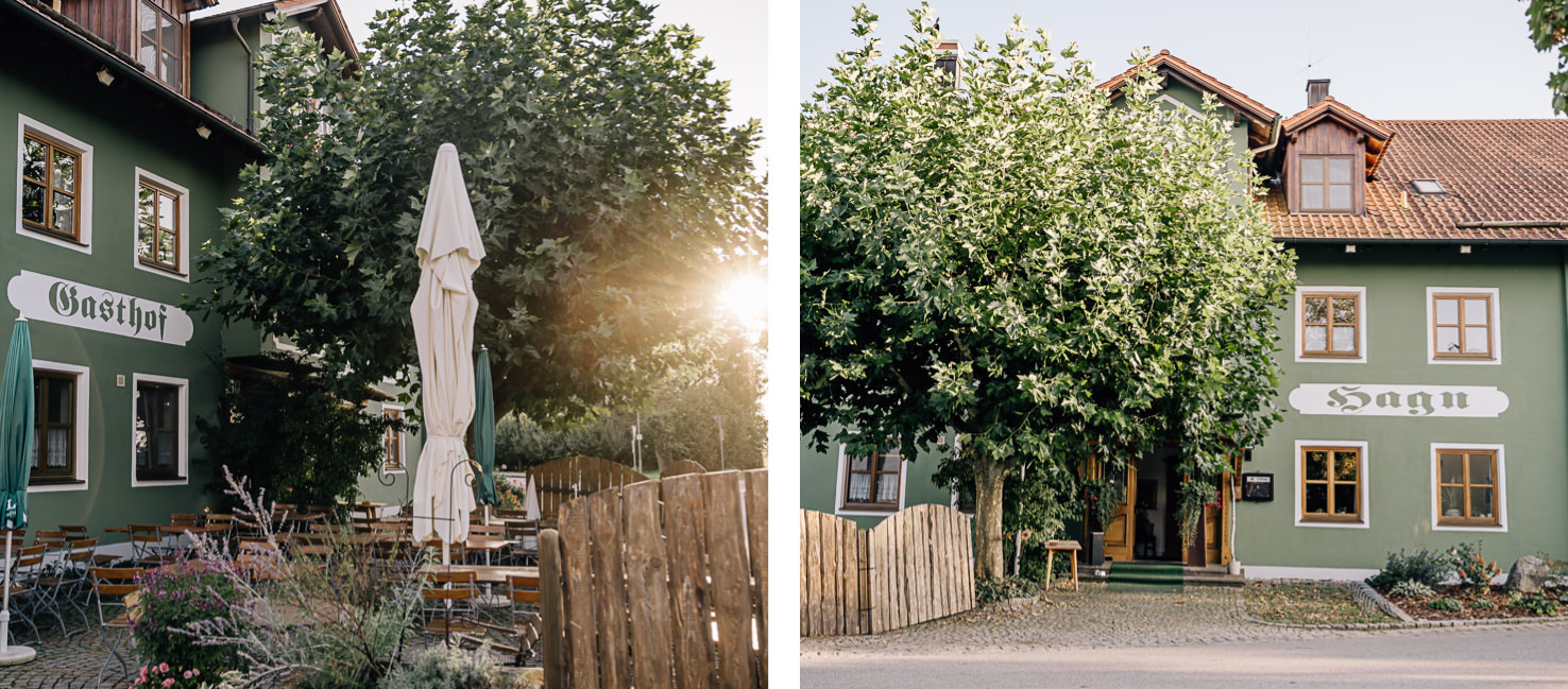 Das Bild zeigt eine Collage zweier Ansichten eines traditionellen, grün gestrichenen Gasthauses mit Außenbestuhlung und Bäumen bei Tageslicht.