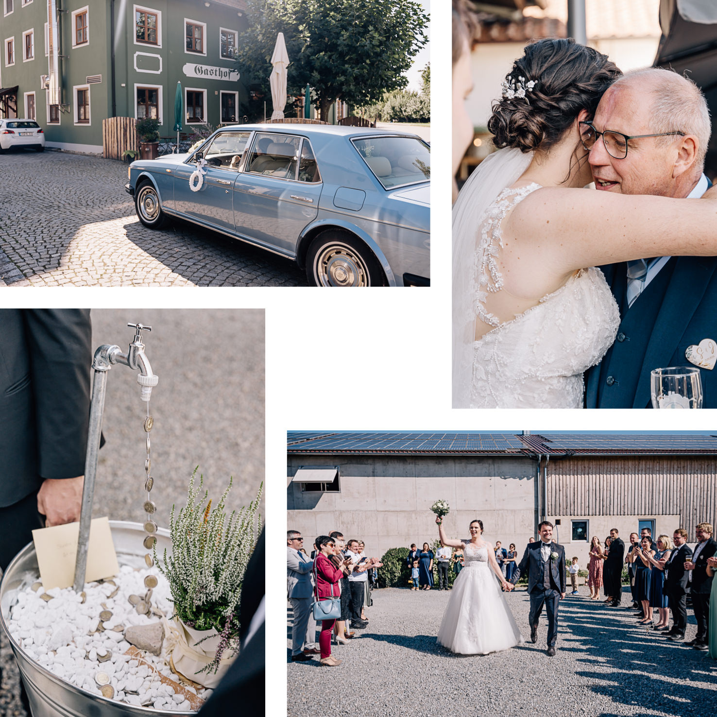 Das Bild zeigt Szenen einer Hochzeit, einschließlich einer Umarmung, eines geschmückten Autos, einer Dekoration mit fließendem Wasser und einem Brautpaar, das von Gästen beklatscht wird.