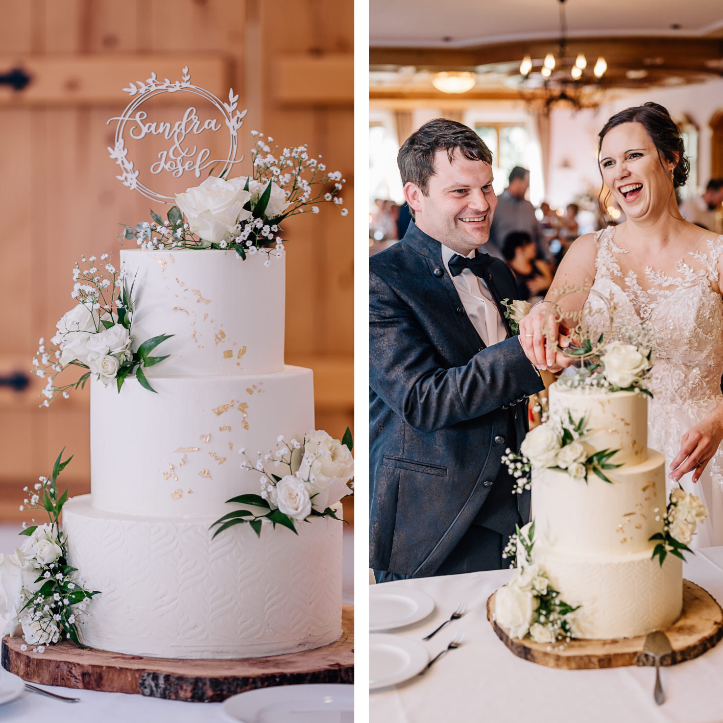 Das Bild zeigt eine dreistöckige Hochzeitstorte und ein lächelndes Paar beim Anschneiden derselben Torte.