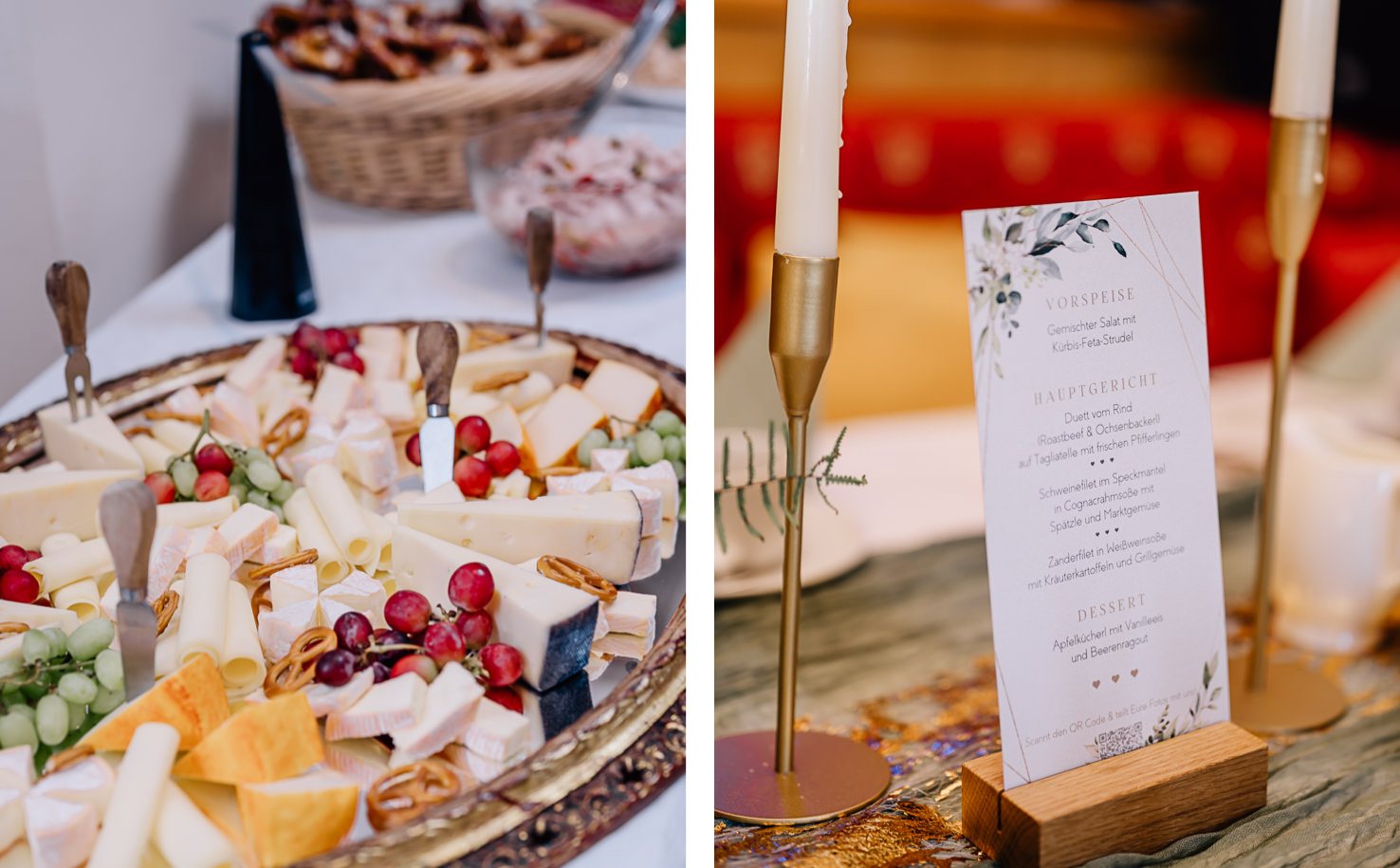 Das Bild zeigt links eine Auswahl an Käsesorten auf einem Buffet und rechts eine Menükarte für ein Essen, die auf einem Tisch steht.