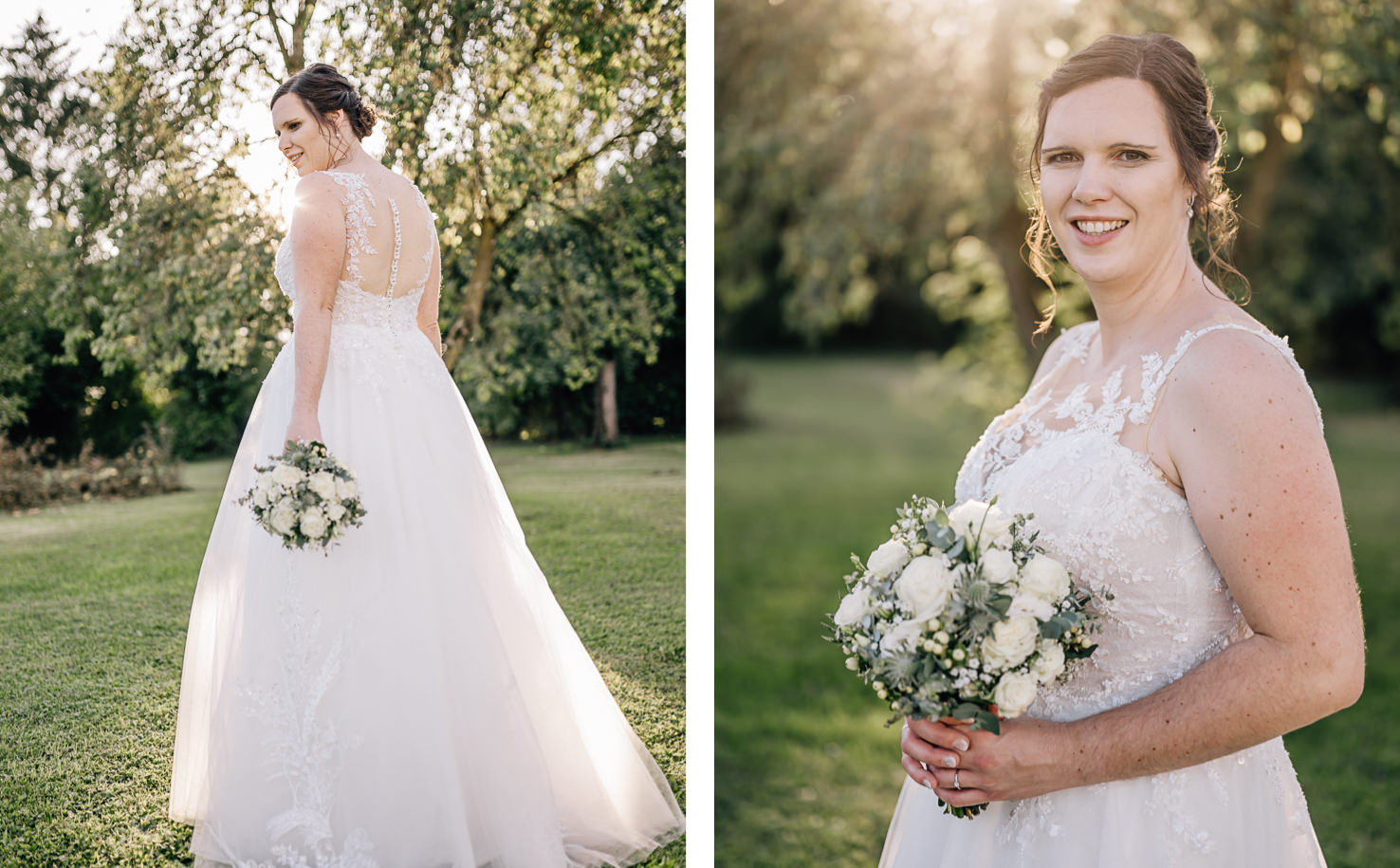 Eine Braut in einem weißen Hochzeitskleid hält einen Blumenstrauß und posiert für Fotos im Freien.