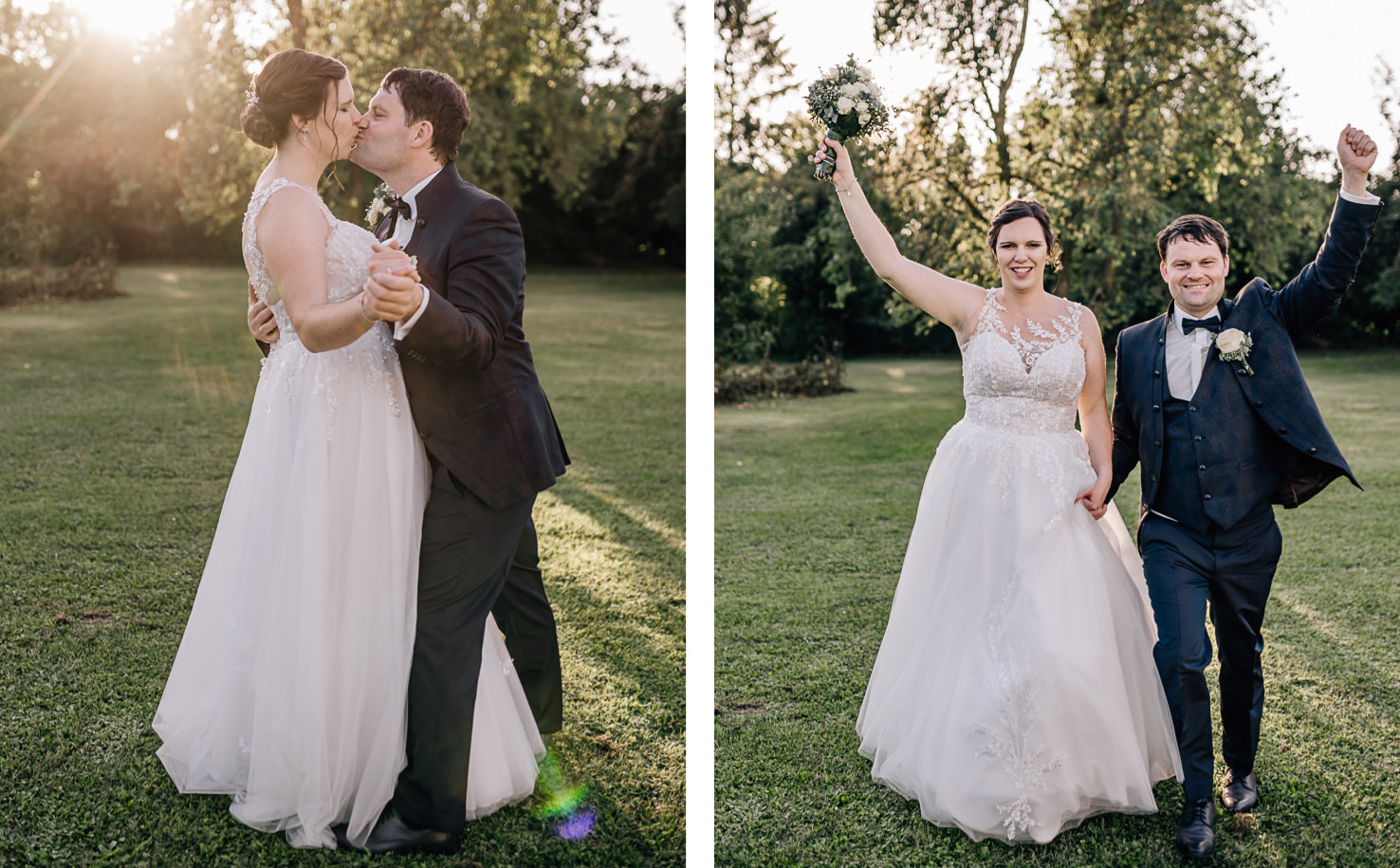 Das Bild zeigt ein Brautpaar bei ihrer Hochzeit, links beim Küssen und rechts mit erhobenen Armen jubelnd.