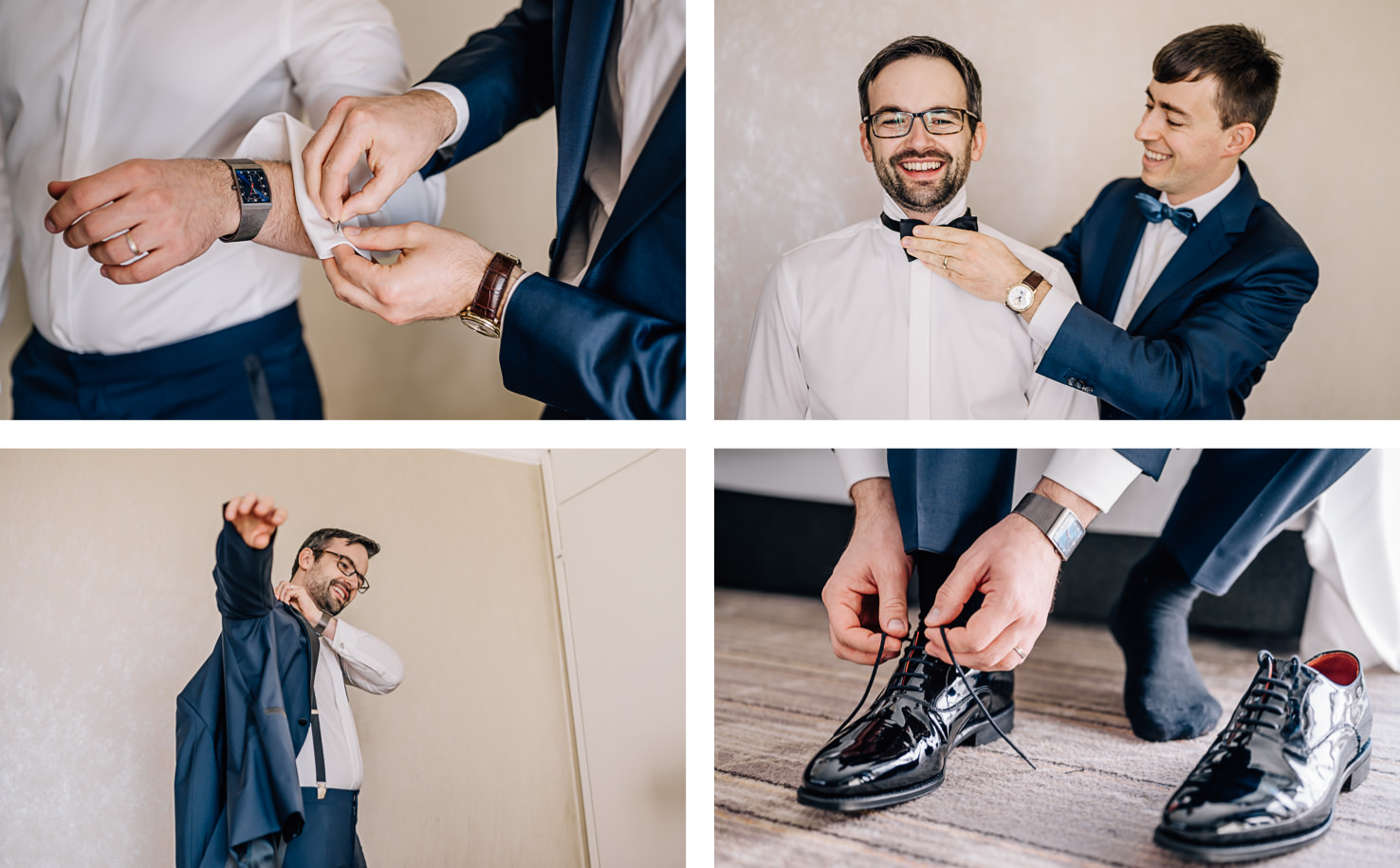 Das Bild zeigt eine Collage aus vier Fotos, die einen Mann bei der Vorbereitung und Ankleidung für eine formelle Veranstaltung, möglicherweise eine Hochzeit, darstellen.