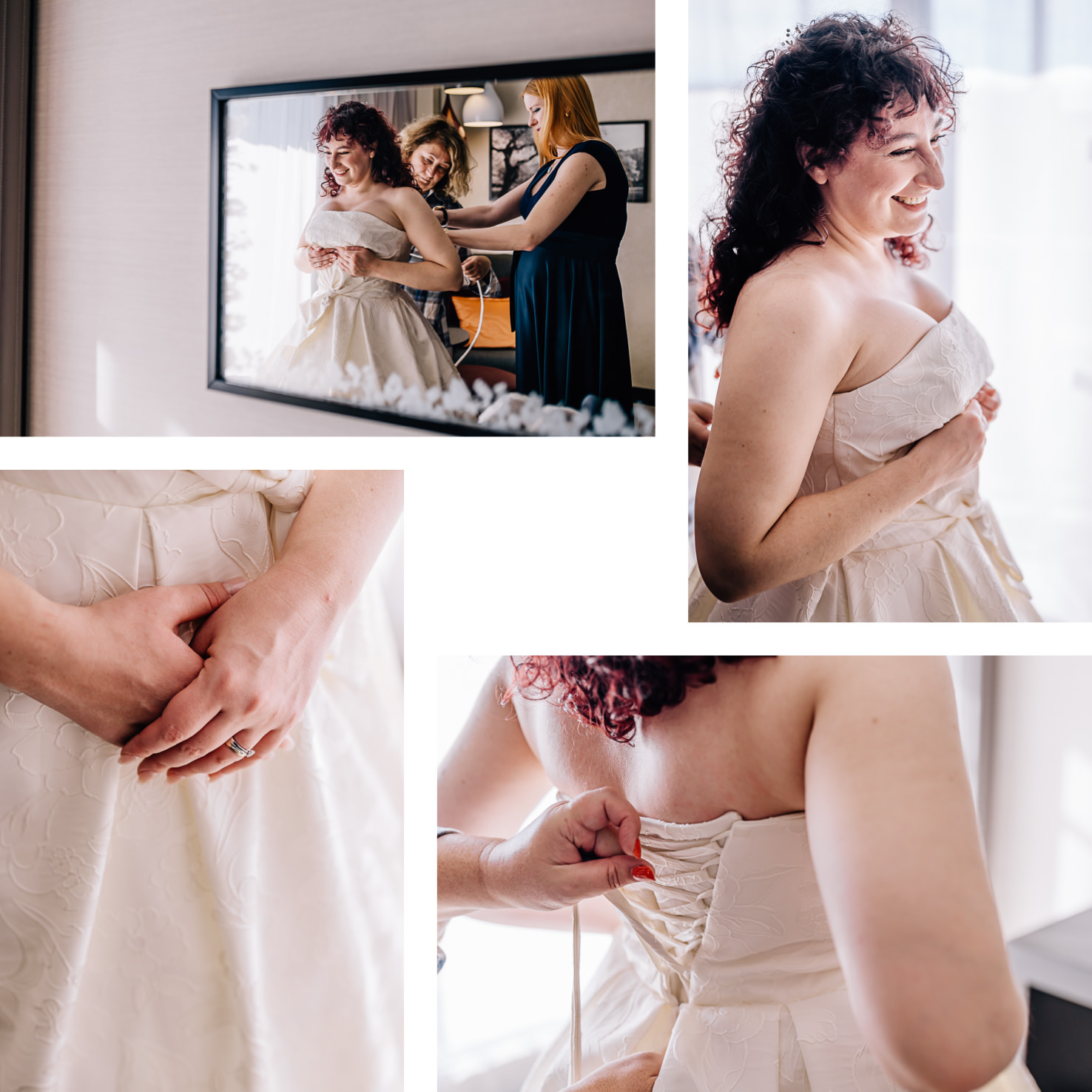 Das Bild zeigt eine Collage von vier Fotos, auf denen eine Frau beim Anziehen eines Brautkleides zu sehen ist, unterstützt von anderen Personen.