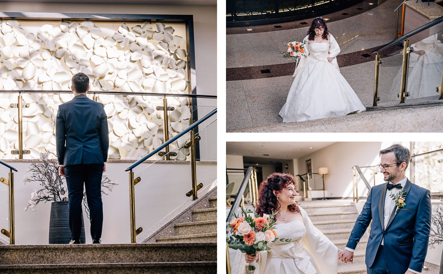 Das Bild zeigt eine Collage von Fotos, die offenbar eine Hochzeit darstellen, mit einem Bräutigam, einer Braut und gemeinsamen Momenten des Paares.