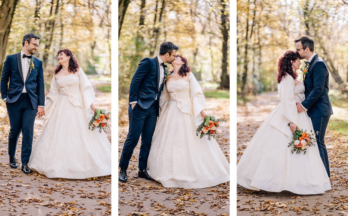 Das Bild zeigt drei unterschiedliche Posen eines Brautpaares, das im Herbst in einem Laubwald fotografiert wurde.