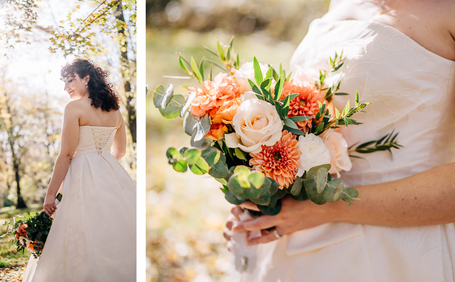 Das Bild zeigt eine Frau in einem Brautkleid, die einen Blumenstrauß hält.