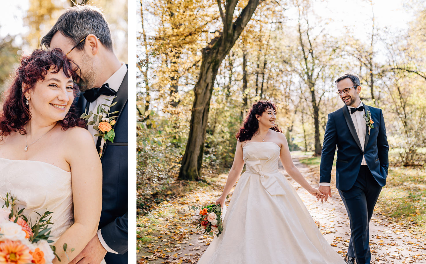 Das Bild zeigt ein glücklich aussehendes Brautpaar in Hochzeitskleidung, das in einem herbstlichen Park posiert.