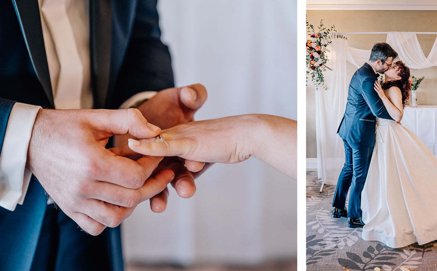 Das Bild zeigt zwei Szenen einer Hochzeit: links tauscht ein Paar Eheringe aus und rechts küssen sie sich.